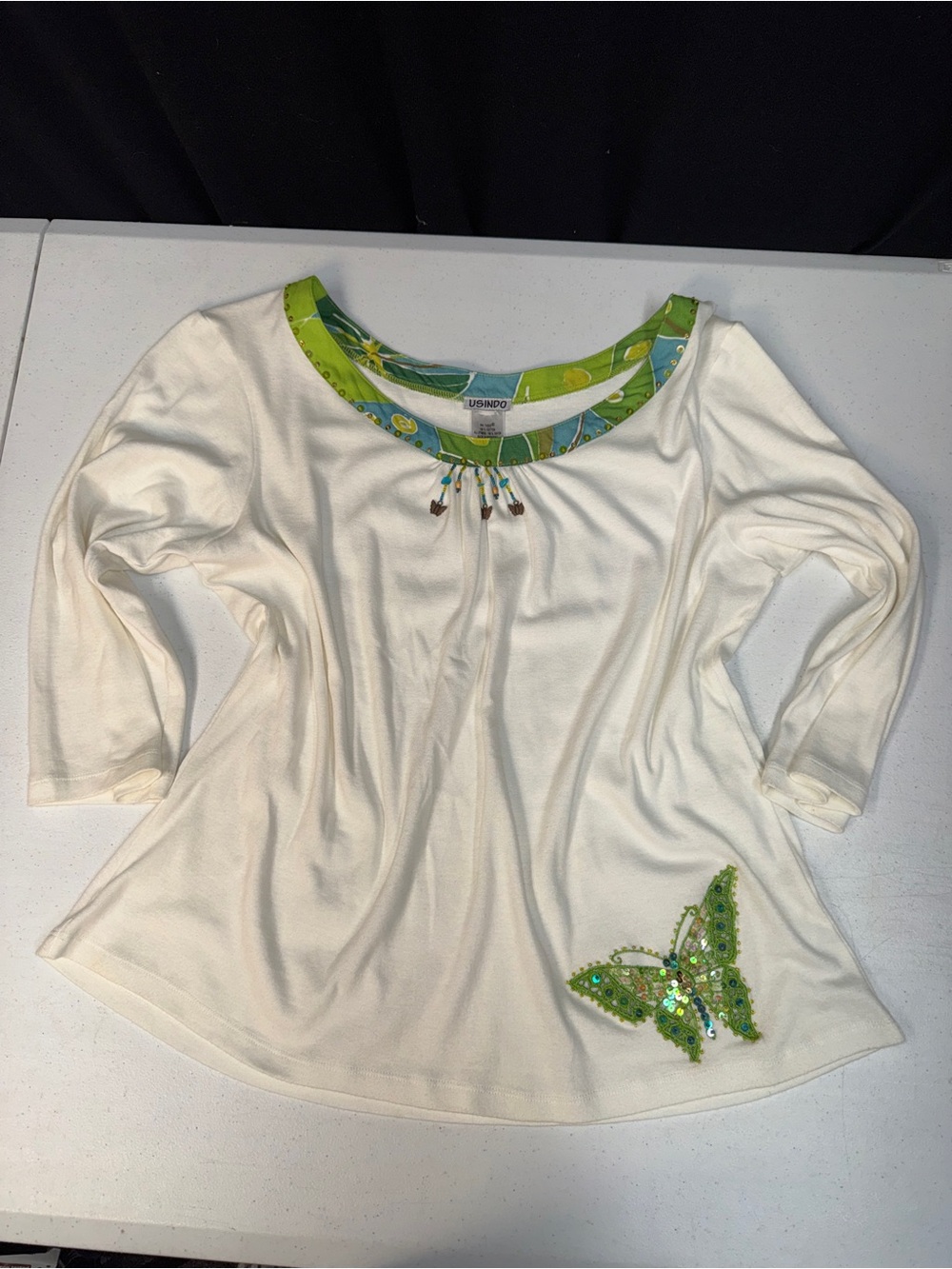 Gorgeous Usindo "Art to Wear" Embroidered & Beaded 3/4 Sleeve Top size Large
